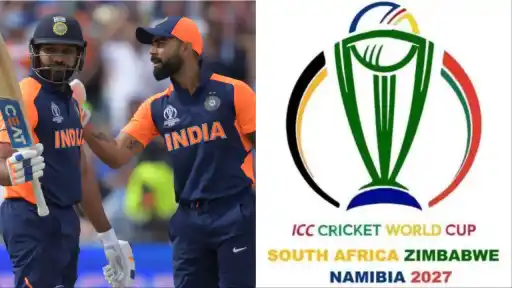 ICC logo alongside the ODI World Cup 2027 trophy as the governing body considers cutting the tournament from 14 to 12 teams