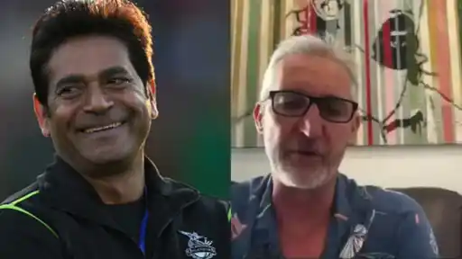 Aaqib Javed smiling and Jason Gillespie speaking during podcast where he called Javed a 'muppet' over coaching tenure claims