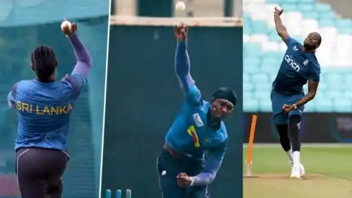 Side-by-side comparison of a Sri Lankan bowler's action in the nets alongside England pacer Jofra Archer's bowling action