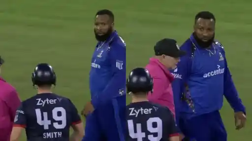 Kieron Pollard and Steve Smith exchange words on the field during the MLC 2026 Eliminator in Oakland