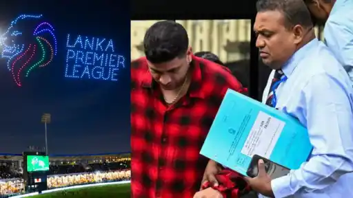 Lanka Premier League logo alongside Manjot Kalra being escorted by officials with case documents after his arrest over the Jaffna Kings franchise
