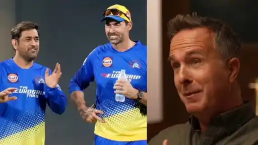 MS Dhoni and Stephen Fleming together at CSK, alongside Michael Vaughan speaking on Fleming's England Test coaching job