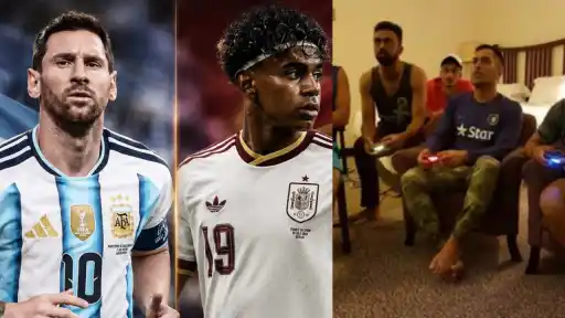 Messi and Yamal split image alongside MS Dhoni's old PlayStation photo captioned "Spain vs Argentina," resurfacing ahead of the FIFA World Cup 2026 final