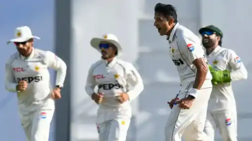 Pakistan players celebrate a wicket during the WI vs PAK 1st Test, as the WTC 2025-27 points table leaves their final hopes hanging
