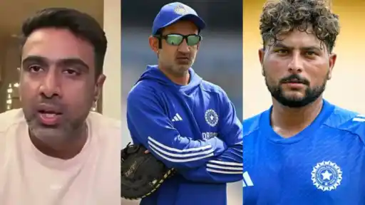 R Ashwin speaking, alongside Team India management and Kuldeep Yadav, after Ashwin criticized the decision to bench Kuldeep at Lord's