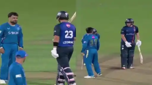 Rashid Khan and Liam Livingstone exchange words on the field during MI London vs London Spirit at The Oval