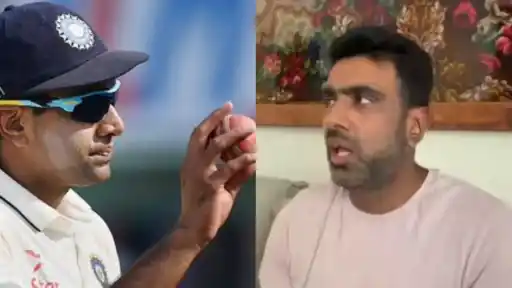 Split image of Ravichandran Ashwin bowling in India whites and speaking in a recent interview, revealing the real reason behind his international retirement