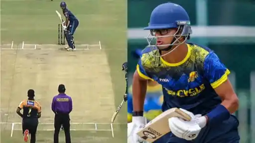 Rahul Dravid's son Samit Dravid plays a stylish shot for his team against Hubli Tigers during the Maharaja Trophy KSCA 2026