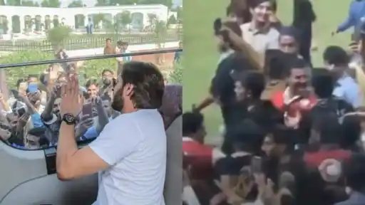 Shahid Afridi waves to fans through a car window on one side, while a crowd surrounds him on the field in the viral video on the other