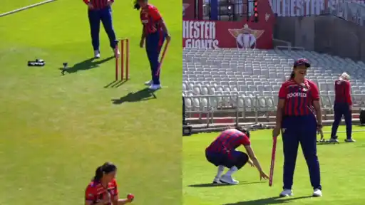 Smriti Mandhana bowls to Richa Ghosh in a backyard cricket challenge during a Manchester Super Giants training session