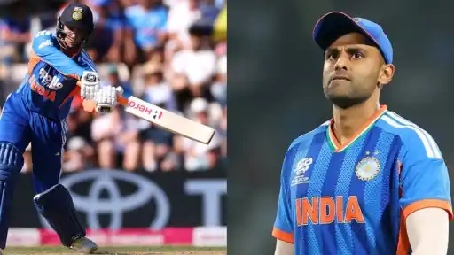 Abhishek Sharma batting (left) and Suryakumar Yadav looking on (right) during ZIM vs IND series