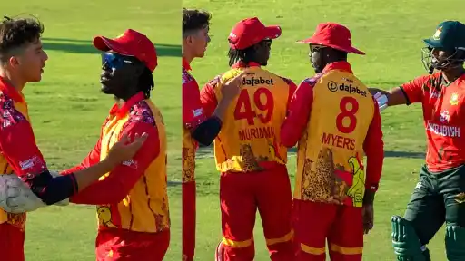 Tanzid Hasan in a tense exchange with Zimbabwe's Brad Evans and teammates Marumani and Myers after Bangladesh's series-clinching win
