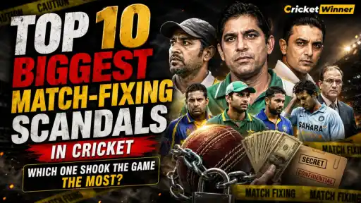 Top 10 Biggest Match-Fixing Scandals in Cricket, featuring a cricket ball in chains, cash, and a confidential file marked with match-fixing crime-scene tape