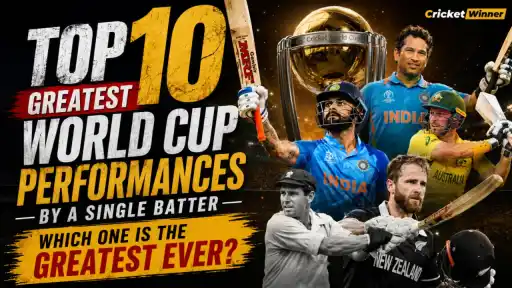 Virat Kohli, Sachin Tendulkar, Kane Williamson, AB de Villiers and other batting greats with the World Cup trophy for a ranking of the greatest single-innings World Cup performances
