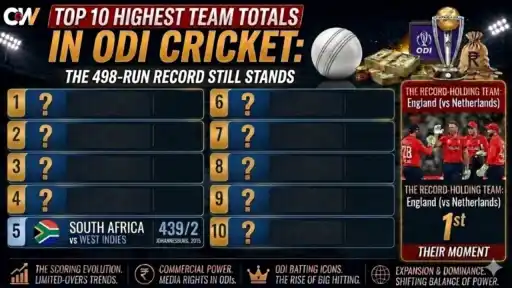 Top 10 highest team totals in ODI cricket history, led by England's 498/4