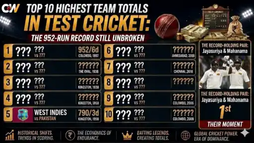 Top 10 highest team totals in Test cricket history, led by Sri Lanka's 952/6 declared