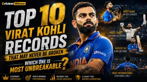 A countdown of the Top 10 Virat Kohli records that may never be broken, from his most ODI chase runs to 80+ international centuries. Which one is the most unbreakable?