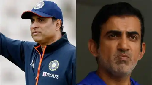 VVS Laxman (left) gesturing on the field and Gautam Gambhir (right) looking on