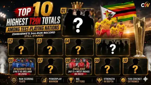 Top 10 highest T20I team totals by Test-playing nations, led by Zimbabwe's 344/4