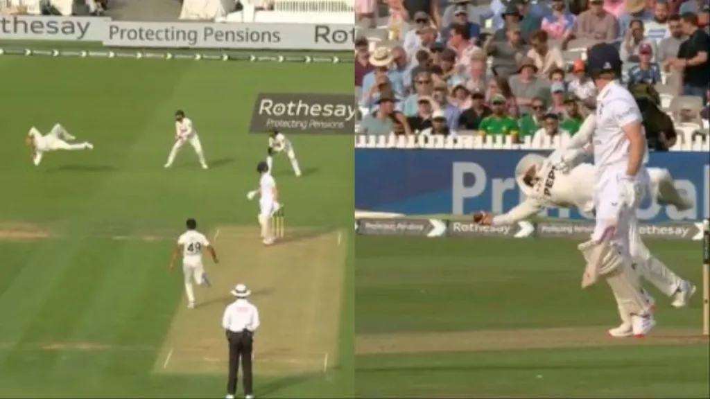 Salman Agha dives to complete a one-handed catch to dismiss Jordan Cox for 55 on Day 1 of the ENG vs PAK 2nd Test at Lord's
