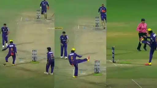 Himmat Singh kicks the ball in frustration at mid-off, deflecting onto the stumps for a shock run-out in DPL 2026