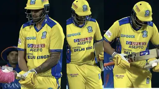 Jonty Sidhu hammering his bat on the field after failing the gauge test during DPL 2026