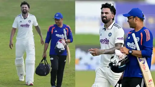 KL Rahul walks off the field with India's team physio after retiring hurt on 77 during Day 1 of the 1st Test against Sri Lanka in Galle.