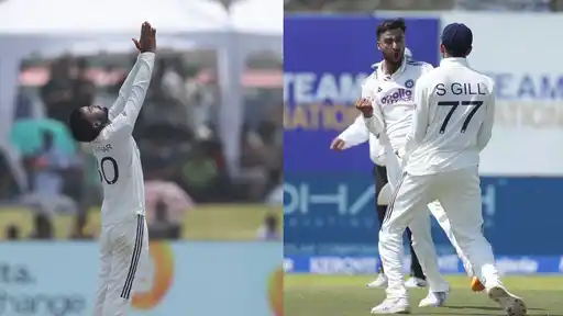 Manav Suthar celebrating after taking 3 wickets in one over on Day 5 of SL vs IND 1st Test