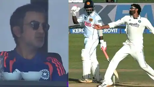Ravindra Jadeja reacts after a no-ball wipes out Dhananjaya de Silva's wicket as Gautam Gambhir's celebration turns to disappointment in the SL vs IND 1st Test