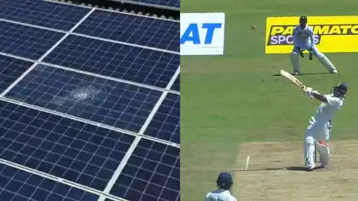 Rishabh Pant plays a powerful six during the IND vs SL 2nd Test in Colombo, with the shot hitting and damaging a solar panel on the stadium roof.