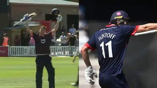 Andrew Flintoff's son Rocky Flintoff raises his bat after scoring his first professional century for Lancashire against Somerset in the One-Day Cup at Taunton
