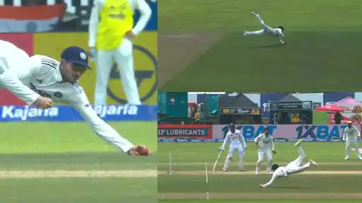 Shubman Gill takes a sensational diving catch to dismiss Sri Lanka's Kamindu Mendis during the SL vs IND 1st Test at Galle.