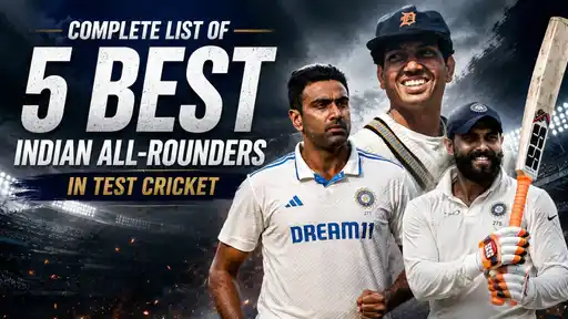 Ranked list of the top 5 Indian all-rounders in Test cricket, led by Kapil Dev and current world No.1 Ravindra Jadeja