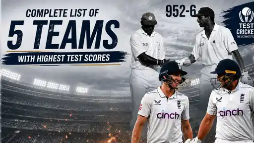 Ranked list of the 5 highest team totals in Test cricket, led by Sri Lanka's 952/6 vs India in 1997
