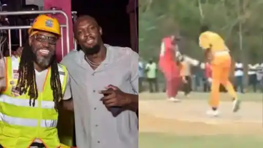 Usain Bolt runs in and knocks over Chris Gayle's stumps with a fast bowling delivery in a viral video, leaving fans and the Universe Boss himself in disbelief.