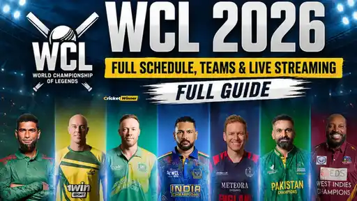 WCL 2026 World Championship of Legends full schedule and teams graphic featuring Yuvraj Singh, AB de Villiers and Shahid Afridi