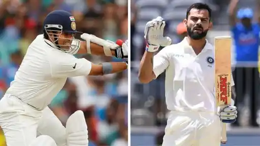 Sachin Tendulkar batting in Test whites alongside Virat Kohli celebrating a Test century, after AB de Villiers' comment sparked a Kohli vs Tendulkar debate