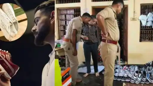 Agra police inspecting counterfeit Virat Kohli One8 shoes seized during a factory raid, with rows of fake footwear lined up on the floor