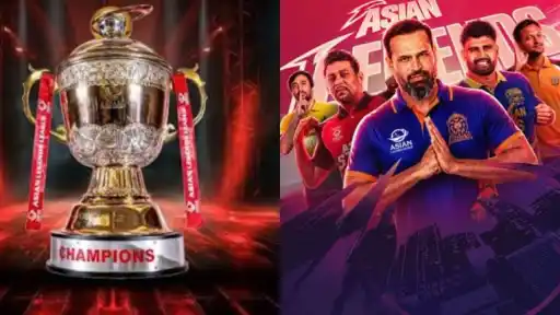 Asian Legends League trophy and players poster highlighting cancellation of 2026 Zambia edition