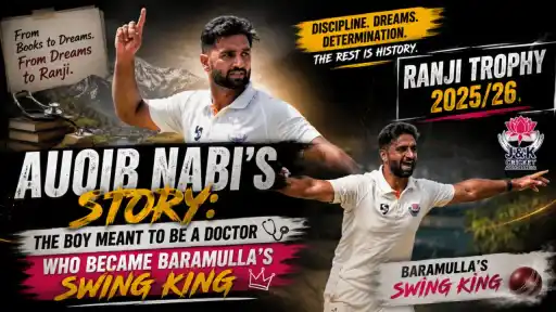 Auqib Nabi celebrating with arms outstretched in Jammu and Kashmir whites during Ranji Trophy 2025/26, known as Baramulla's Swing King