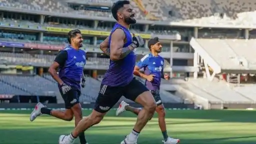 Virat Kohli and Indian teammates running during a fitness session, pictured after BCCI's updated 2K base fitness test parameters