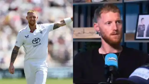 Ben Stokes (left) in England whites and (right) speaking on the For The Love of Cricket podcast about alcohol culture