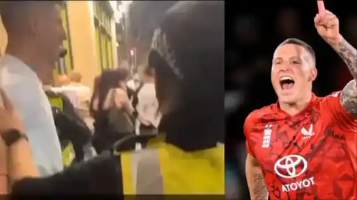 Brydon Carse being handcuffed by police outside a Derby nightclub, alongside a photo of him celebrating in England colours