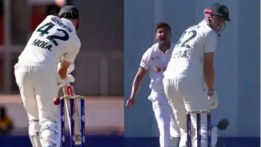 Cameron Green survives as the ball hits his leg stump but the bails stay on during the AUS vs BAN 1st Test