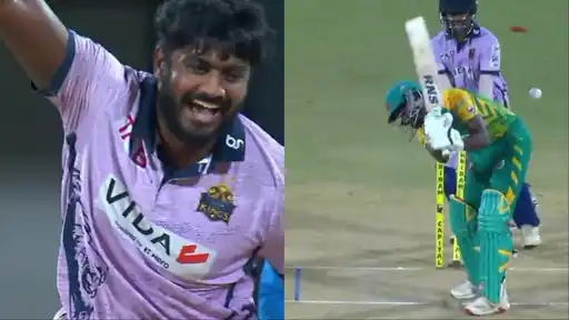 Deeban Lingesh celebrates after picking up a hat-trick for Vida Kovai Kings against Trichy Grand Cholas in TNPL 2026 Qualifier 2