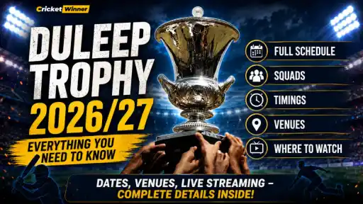 Duleep Trophy 2026/27 poster with the trophy and players' hands holding it — covering full schedule, squads, match timings, venues, and where to watch