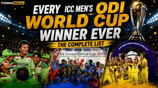 ICC Men's ODI World Cup winning teams including Pakistan, India, and Australia lifting the trophy