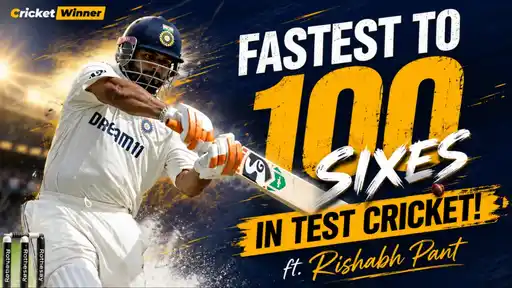 Rishabh Pant plays an aggressive shot, featured in a graphic ranking the fastest batters to reach 100 sixes in Test cricket