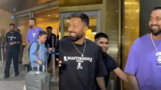 Hardik Pandya and Krunal Pandya smiling together at Mumbai airport amid IPL 2026 rift rumours