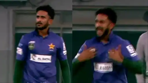 Hasan Ali celebrates with a funny dance after dismissing Shahnawaz Dahani during the National Champions Cup 2026